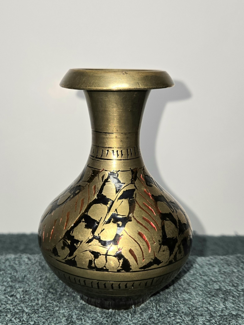 Vintage Indian Brass Bud Vase Red Black Etched Made in India